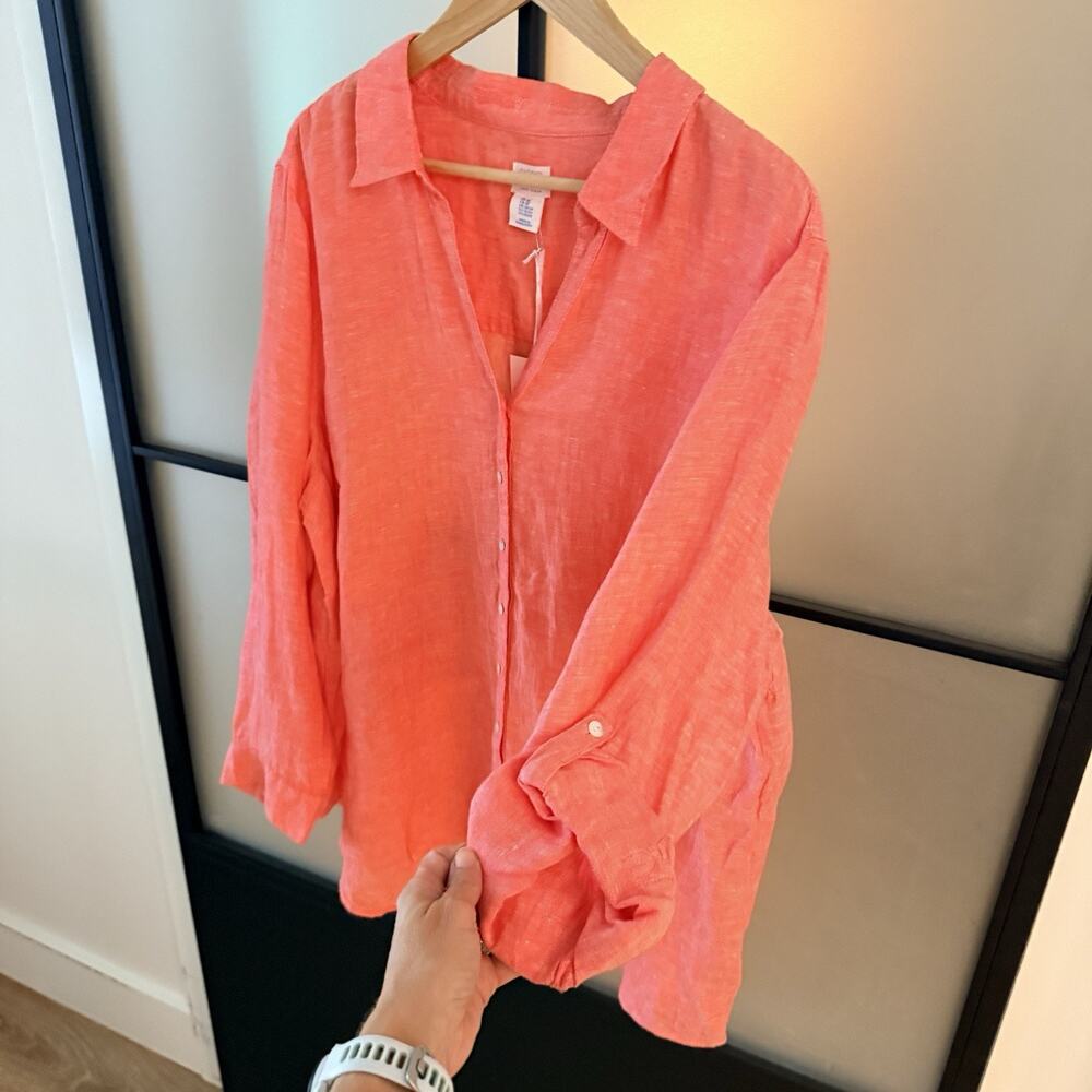 Sigrid Olsen Linen Blouse Plus Size 3X NWT Roll Tab Sleeve Button Front - Picture 4 of 10